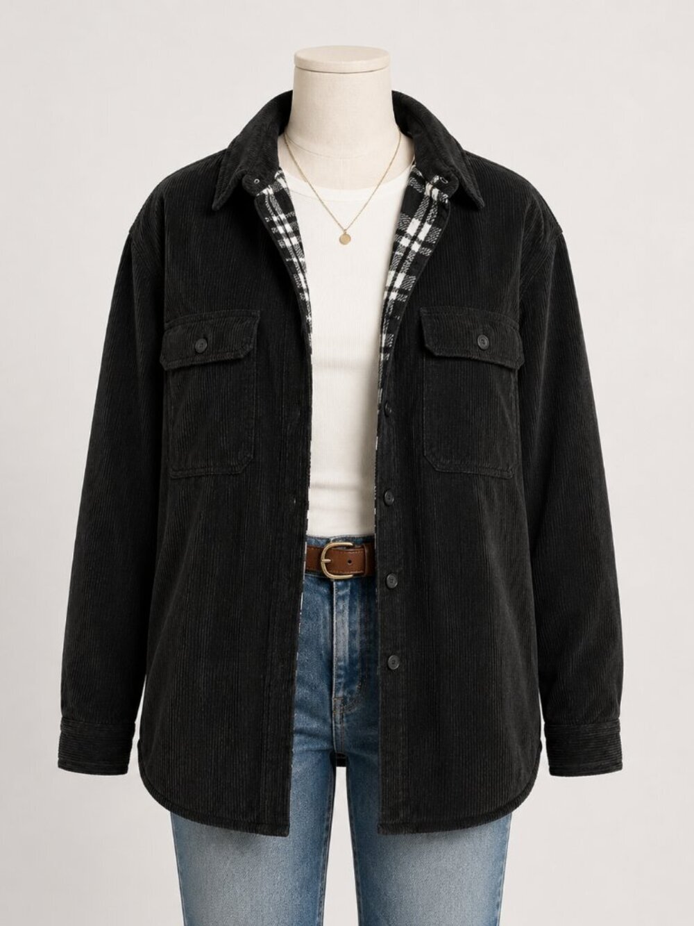 Three Dots Black Corduroy Plaid Lined Shacket Womens Large Made in USA
